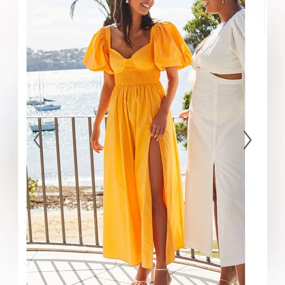 Raiza Midi Dress - Shirred Waist Puff Sleeve Dress in MARIGOLD